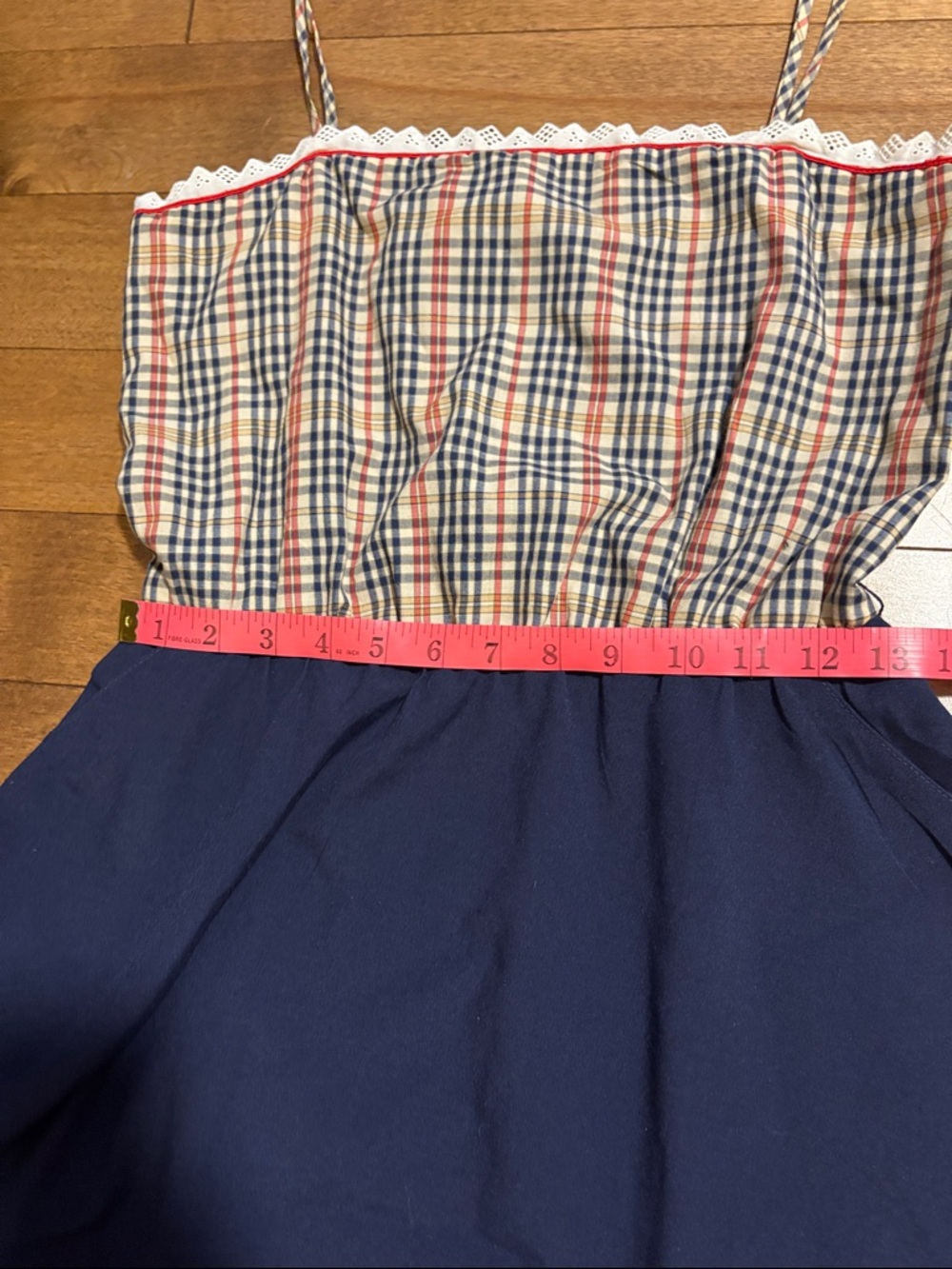 Vintage Navy Blue Sundress with Plaid Bodice with Pockets! - Picture 4 of 7
